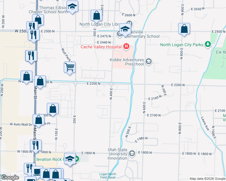map of restaurants, bars, coffee shops, grocery stores, and more near 427 East 2170 North in North Logan