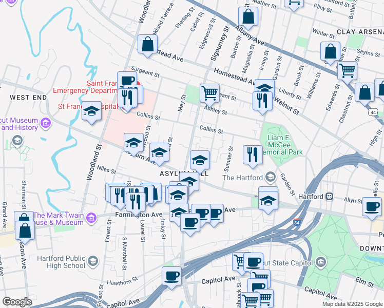 map of restaurants, bars, coffee shops, grocery stores, and more near 174 Sigourney Street in Hartford