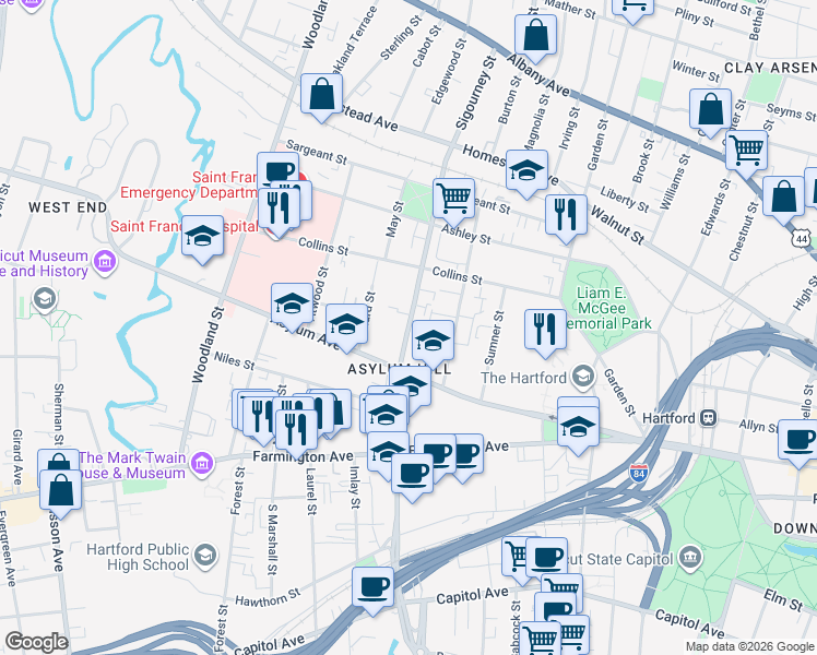 map of restaurants, bars, coffee shops, grocery stores, and more near 165 Sigourney Street in Hartford