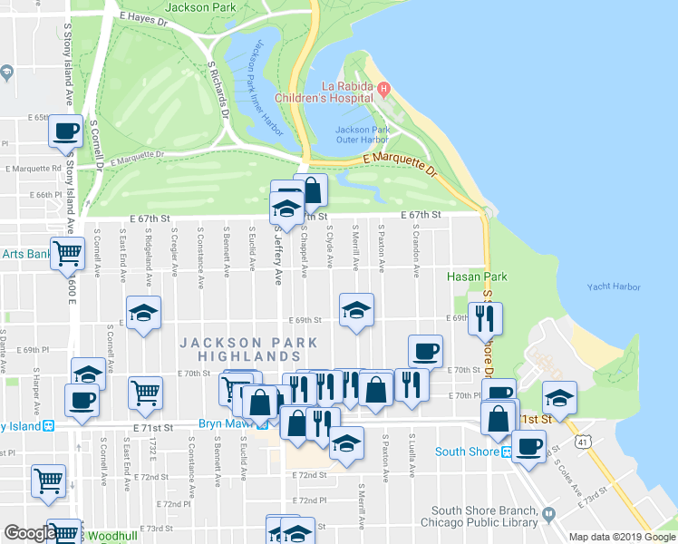 map of restaurants, bars, coffee shops, grocery stores, and more near 2109 East 68th Street in Chicago