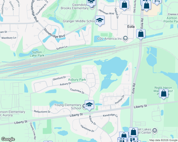 map of restaurants, bars, coffee shops, grocery stores, and more near 1067 Woodview Court in Aurora