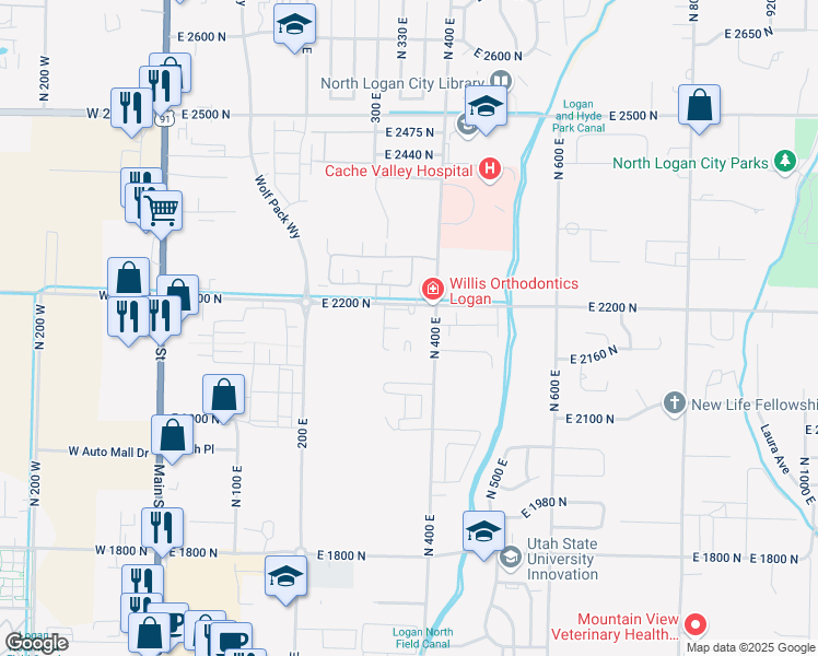 map of restaurants, bars, coffee shops, grocery stores, and more near 338d East 2200 North in North Logan