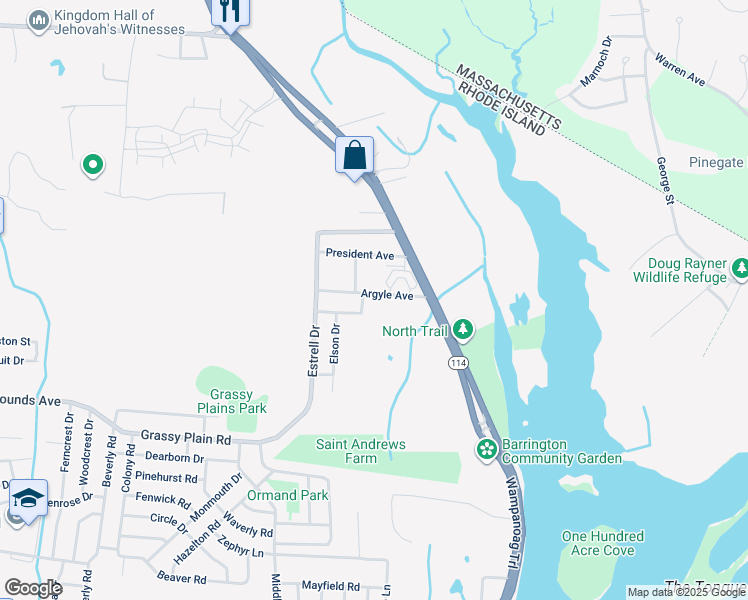 map of restaurants, bars, coffee shops, grocery stores, and more near 31 Argyle Avenue in East Providence