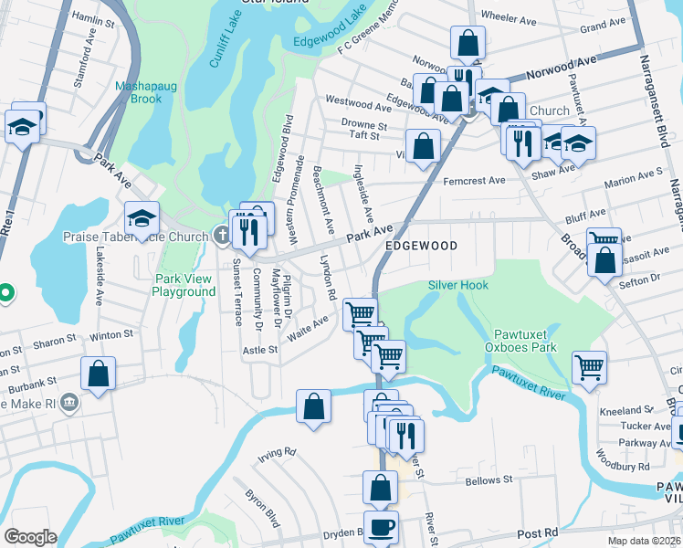 map of restaurants, bars, coffee shops, grocery stores, and more near 20 Lyndon Road in Cranston