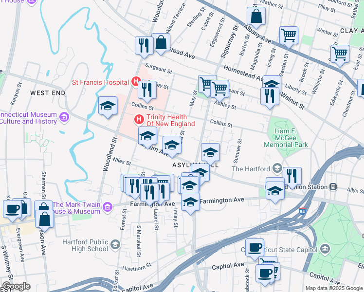 map of restaurants, bars, coffee shops, grocery stores, and more near 3450 Willard Street in Hartford