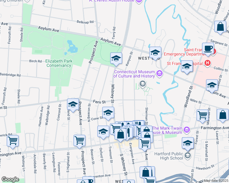 map of restaurants, bars, coffee shops, grocery stores, and more near 149 Kenyon Street in Hartford