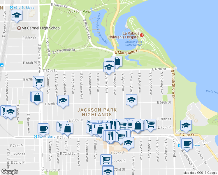 map of restaurants, bars, coffee shops, grocery stores, and more near 6751 South Jeffery Boulevard in Chicago