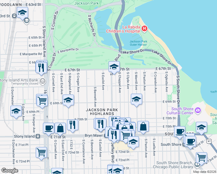 map of restaurants, bars, coffee shops, grocery stores, and more near 6747 South Euclid Avenue in Chicago