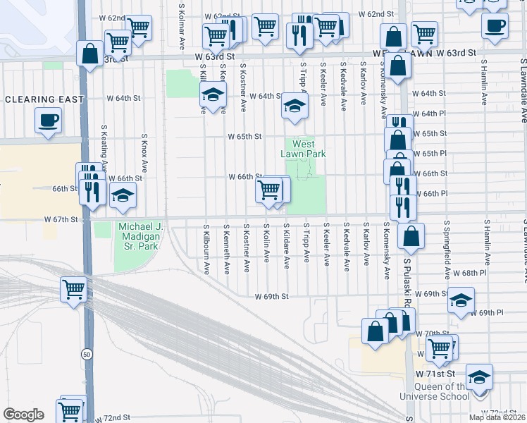 map of restaurants, bars, coffee shops, grocery stores, and more near 6635 South Kostner Avenue in Chicago