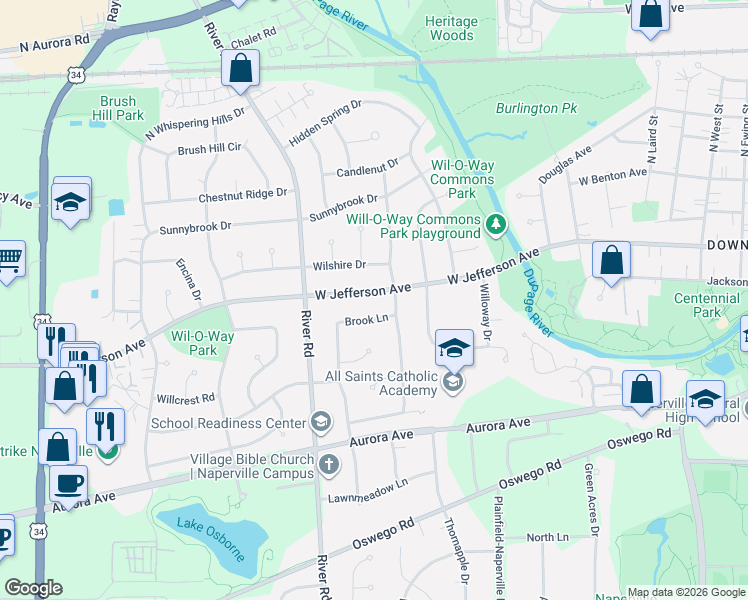 map of restaurants, bars, coffee shops, grocery stores, and more near 1205 West Jefferson Avenue in Naperville