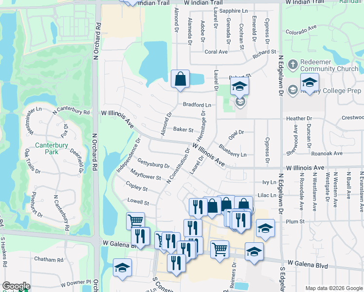 map of restaurants, bars, coffee shops, grocery stores, and more near 2161 West Illinois Avenue in Aurora
