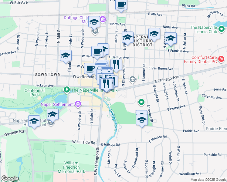 map of restaurants, bars, coffee shops, grocery stores, and more near 119 Chicago Avenue in Naperville