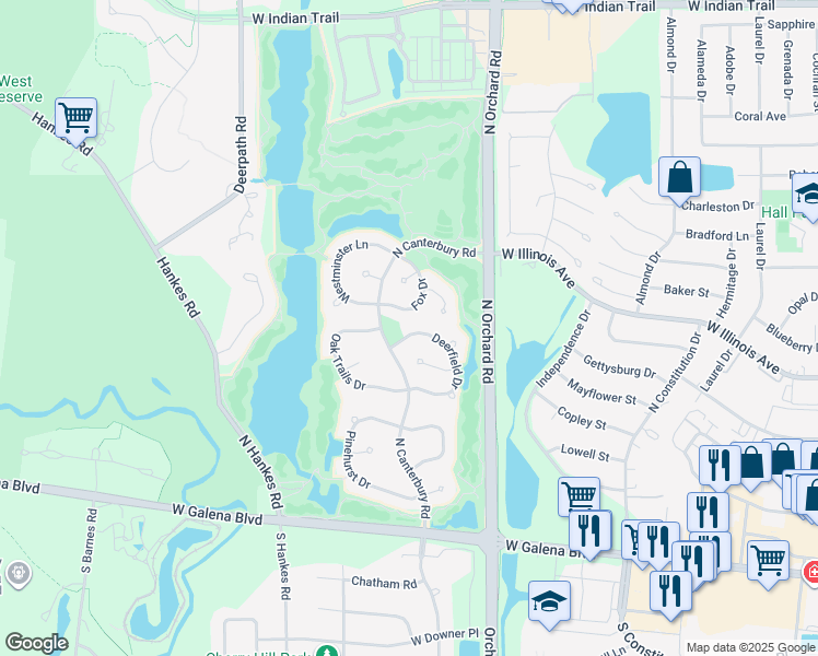 map of restaurants, bars, coffee shops, grocery stores, and more near 2410 Deerfield Drive in Aurora
