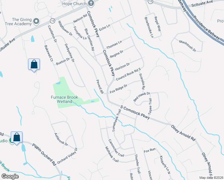 map of restaurants, bars, coffee shops, grocery stores, and more near 560 Comstock Parkway in Cranston