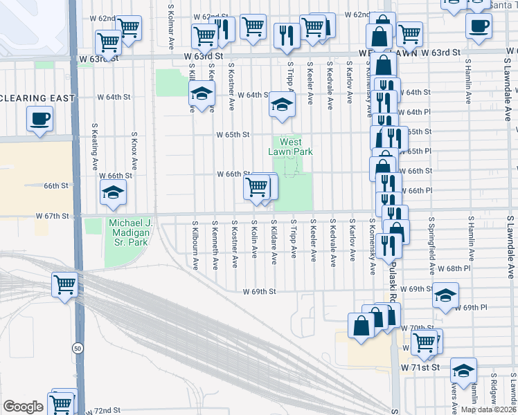 map of restaurants, bars, coffee shops, grocery stores, and more near 4320 West Marquette Road in Chicago