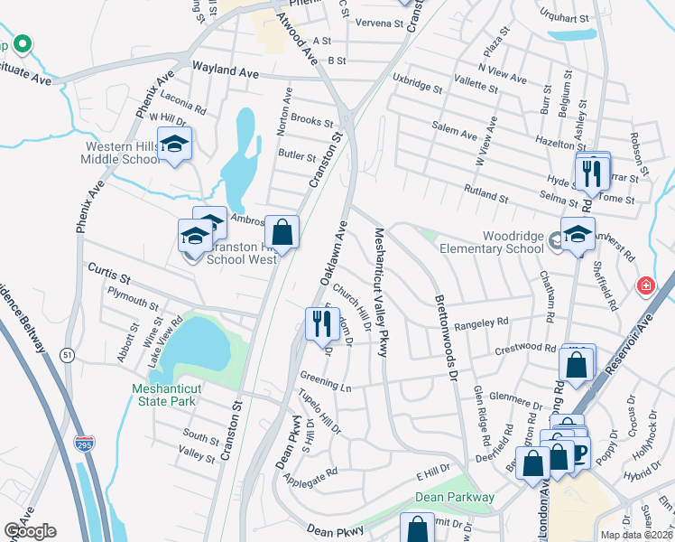 map of restaurants, bars, coffee shops, grocery stores, and more near 1 Baldwin Orchard Drive in Cranston