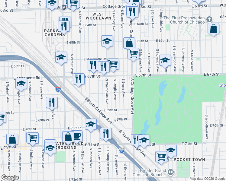 map of restaurants, bars, coffee shops, grocery stores, and more near 6735 South Champlain Avenue in Chicago