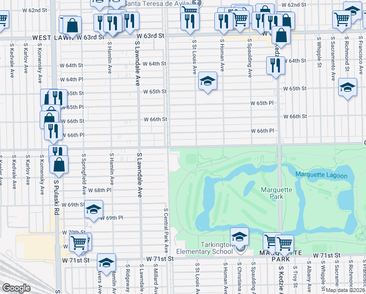 map of restaurants, bars, coffee shops, grocery stores, and more near West 67th Street in Chicago