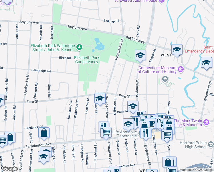 map of restaurants, bars, coffee shops, grocery stores, and more near 791 Prospect Avenue in Hartford