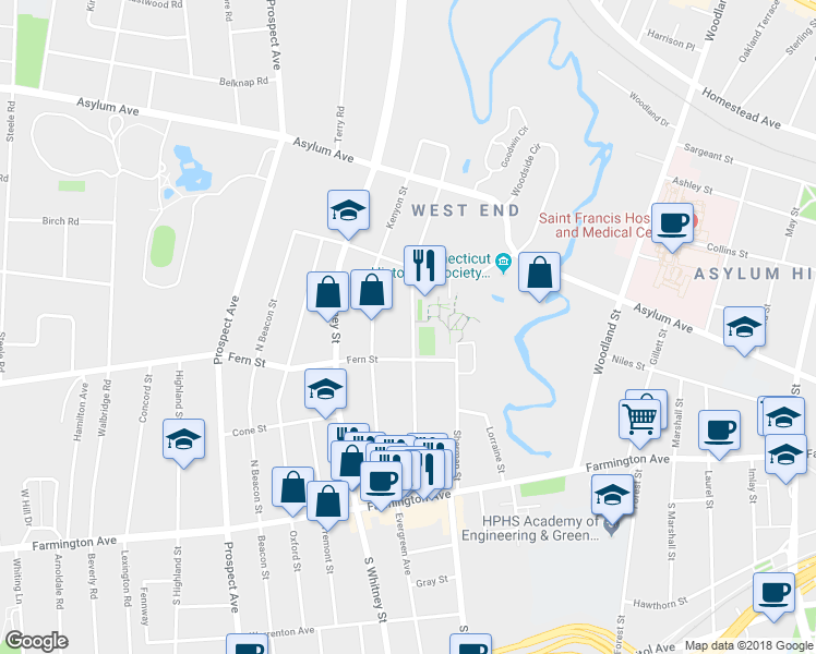 map of restaurants, bars, coffee shops, grocery stores, and more near 143 Girard Avenue in Hartford