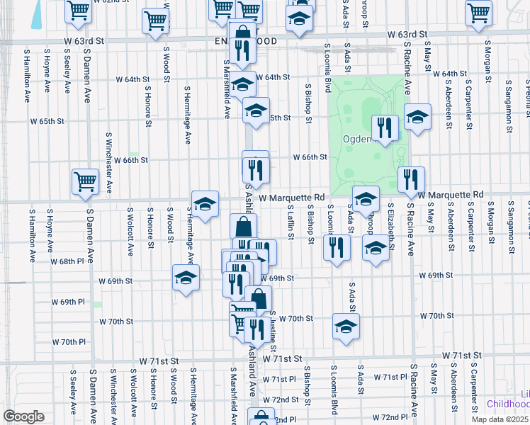 map of restaurants, bars, coffee shops, grocery stores, and more near 1535 West Marquette Road in Chicago
