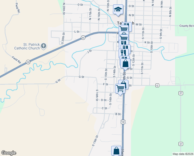 map of restaurants, bars, coffee shops, grocery stores, and more near 1614-1700 G St in Tekamah