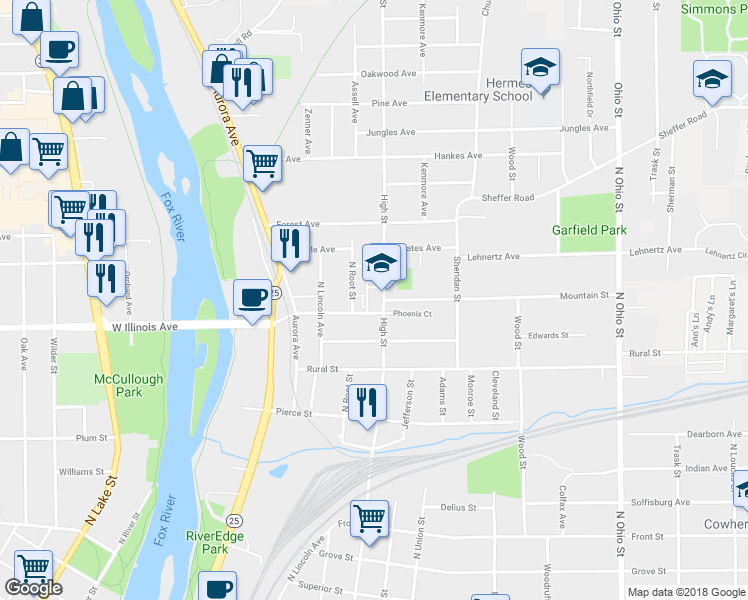 map of restaurants, bars, coffee shops, grocery stores, and more near 706 High St in Aurora