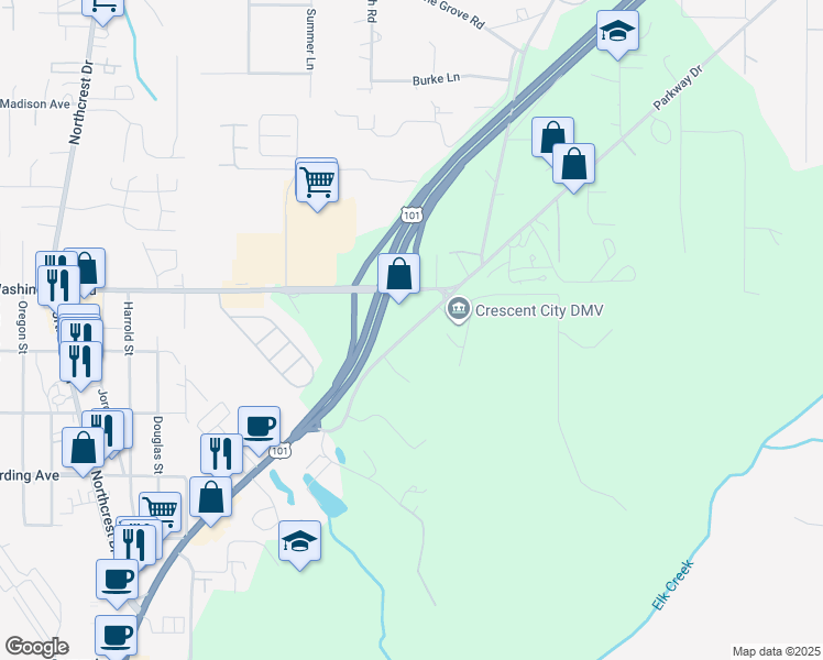 map of restaurants, bars, coffee shops, grocery stores, and more near 1444 Parkway Drive in Crescent City