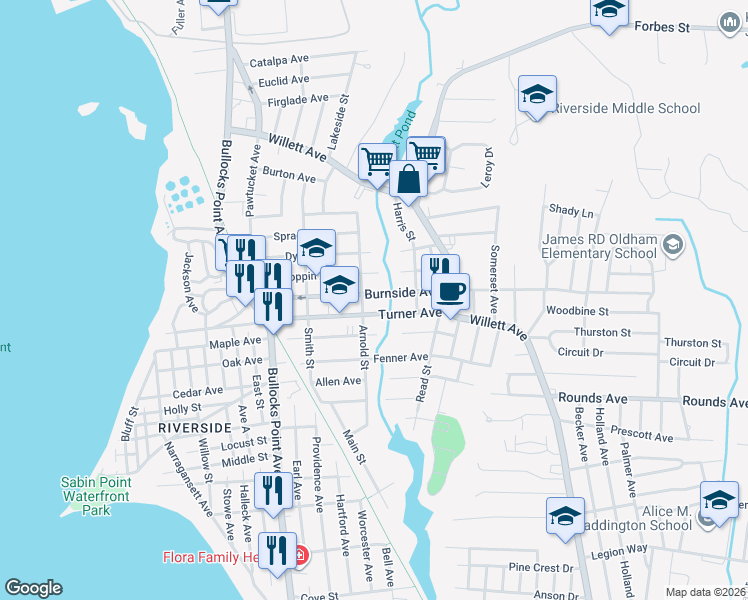 map of restaurants, bars, coffee shops, grocery stores, and more near 100 Burnside Avenue in East Providence