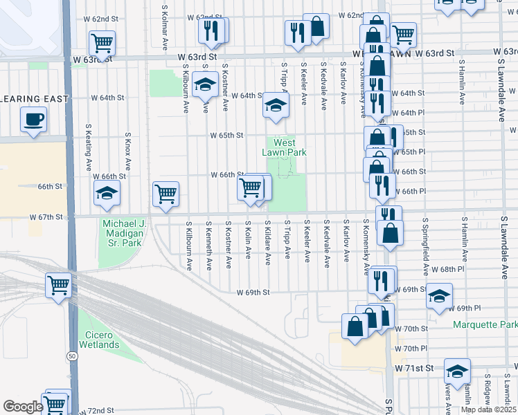 map of restaurants, bars, coffee shops, grocery stores, and more near 4310 West Marquette Road in Chicago