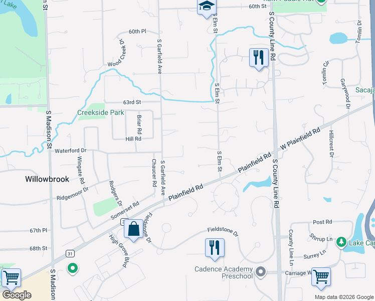 map of restaurants, bars, coffee shops, grocery stores, and more near 6431 Garfield Ridge Court in Burr Ridge