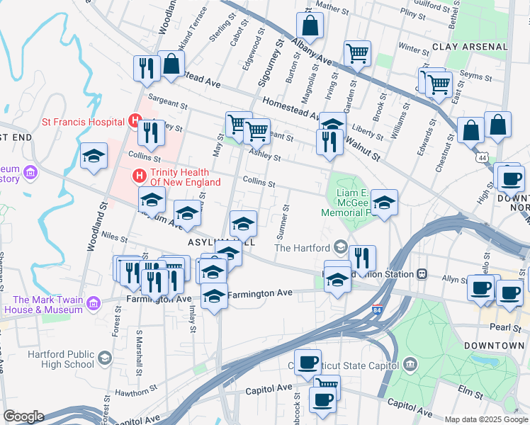 map of restaurants, bars, coffee shops, grocery stores, and more near 57 Huntington Street in Hartford