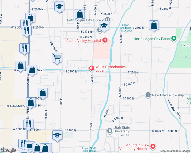 map of restaurants, bars, coffee shops, grocery stores, and more near 449 East 2170 North in North Logan
