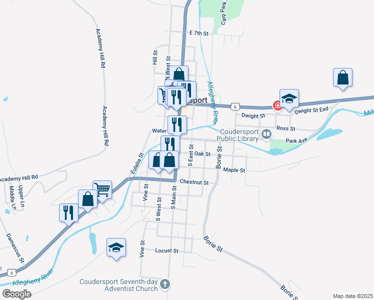 map of restaurants, bars, coffee shops, grocery stores, and more near 8 East Street in Coudersport
