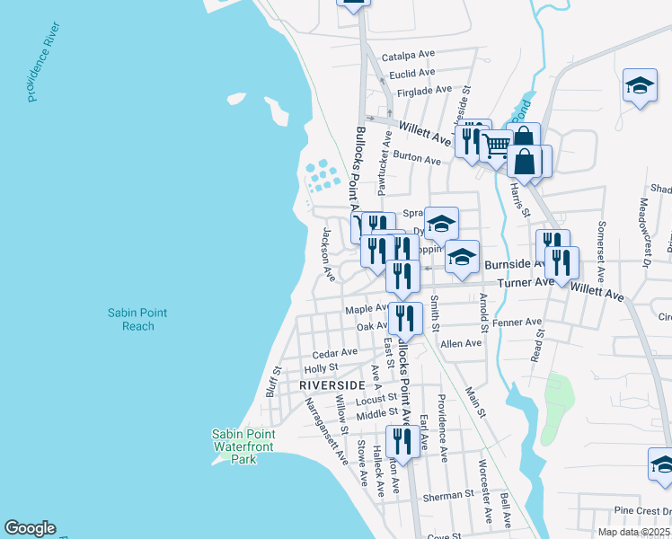 map of restaurants, bars, coffee shops, grocery stores, and more near 15 Jefferson Avenue in East Providence