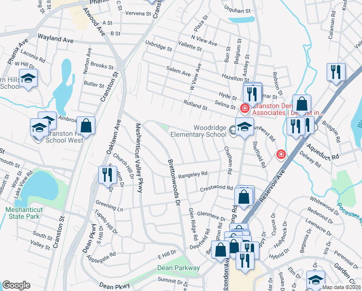 map of restaurants, bars, coffee shops, grocery stores, and more near 11 Franconia Drive in Cranston