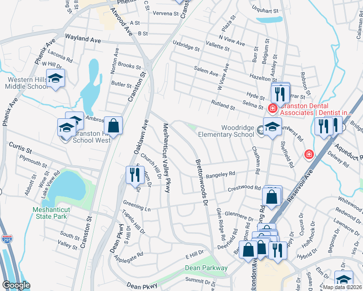 map of restaurants, bars, coffee shops, grocery stores, and more near in Cranston