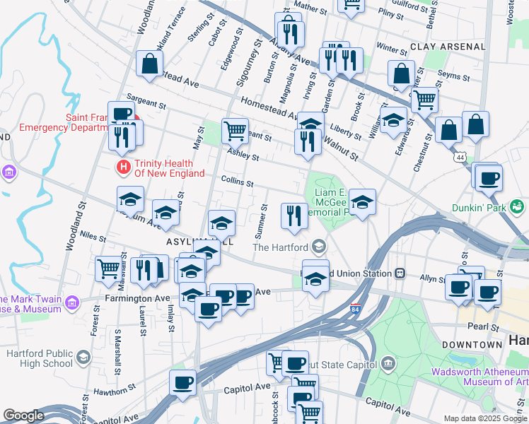 map of restaurants, bars, coffee shops, grocery stores, and more near 79 Sumner Street in Hartford