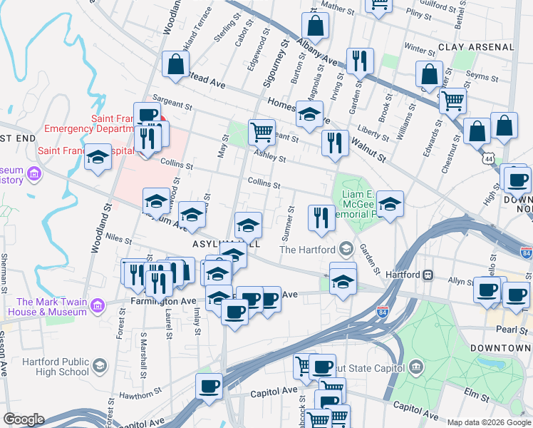 map of restaurants, bars, coffee shops, grocery stores, and more near 57 Huntington Street in Hartford
