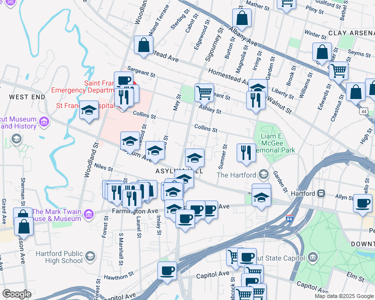 map of restaurants, bars, coffee shops, grocery stores, and more near 188 Sigourney Street in Hartford