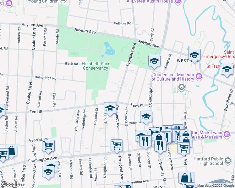map of restaurants, bars, coffee shops, grocery stores, and more near 791 Prospect Avenue in Hartford