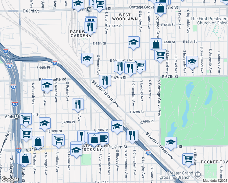 map of restaurants, bars, coffee shops, grocery stores, and more near 6732 South Rhodes Avenue in Chicago