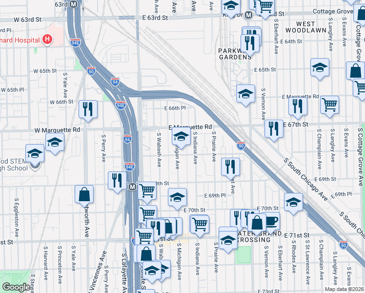map of restaurants, bars, coffee shops, grocery stores, and more near 67258 South Indiana Avenue in Chicago