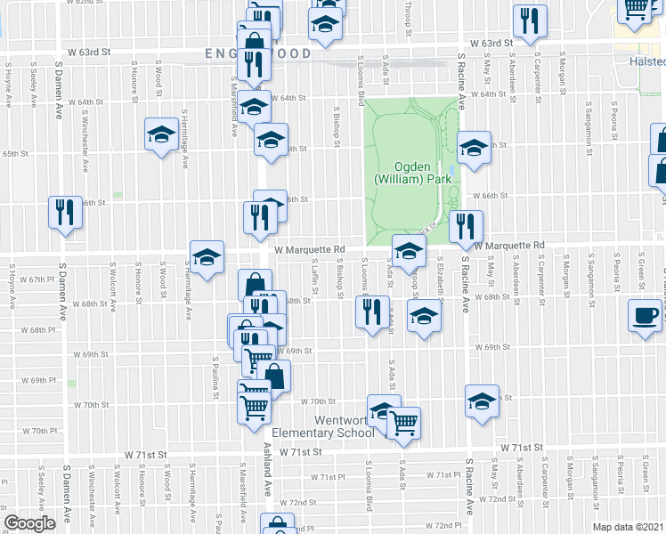 map of restaurants, bars, coffee shops, grocery stores, and more near 1419 West Marquette Road in Chicago