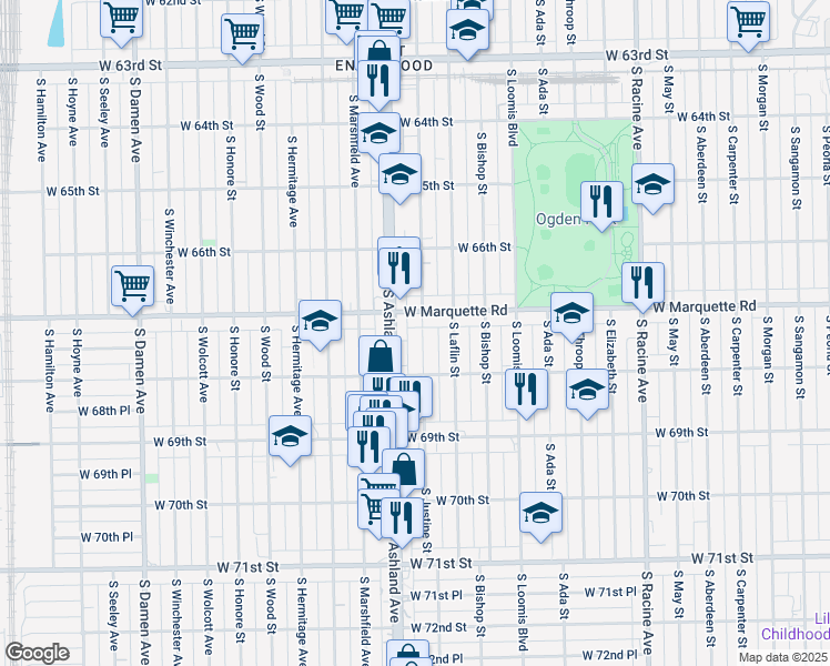 map of restaurants, bars, coffee shops, grocery stores, and more near 1535 West Marquette Road in Chicago