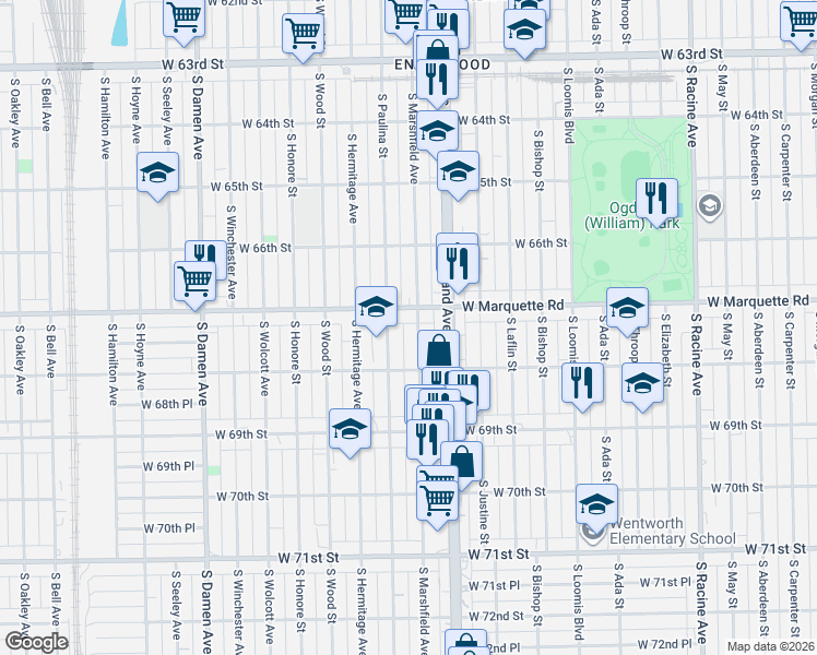 map of restaurants, bars, coffee shops, grocery stores, and more near 1653 West Marquette Road in Chicago