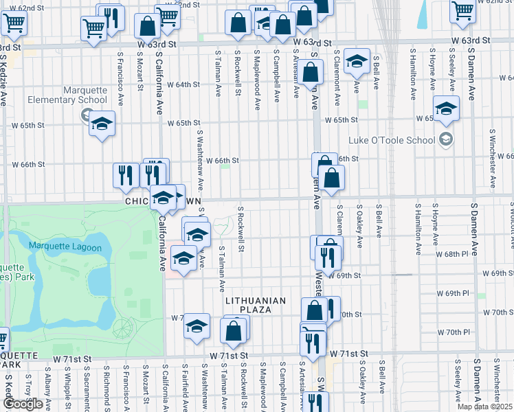 map of restaurants, bars, coffee shops, grocery stores, and more near 2524 West Marquette Road in Chicago