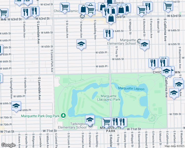 map of restaurants, bars, coffee shops, grocery stores, and more near 3322 West Marquette Road in Chicago