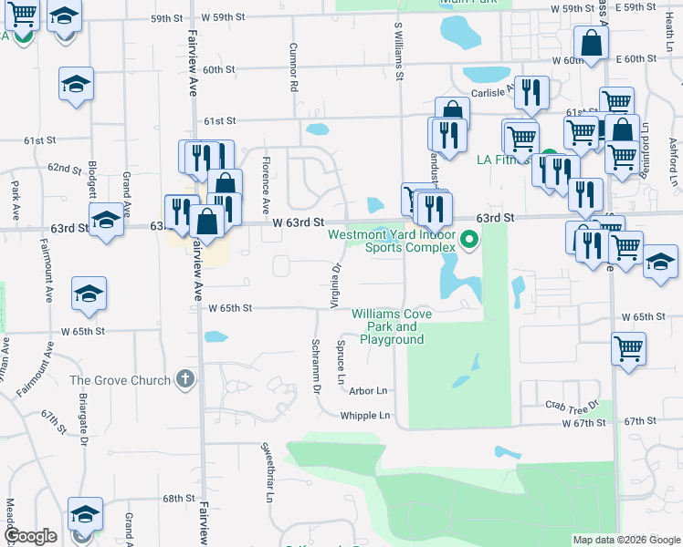map of restaurants, bars, coffee shops, grocery stores, and more near 1235 Virginia Drive in Westmont