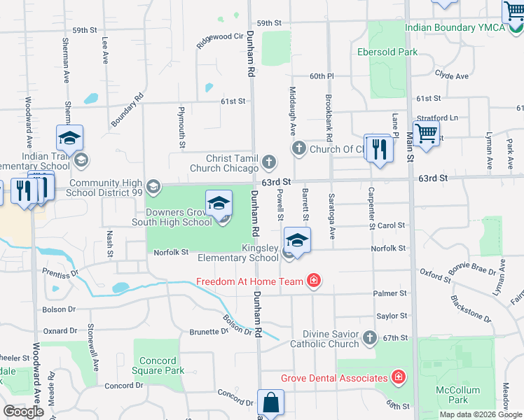 map of restaurants, bars, coffee shops, grocery stores, and more near 6316 Powell Street in Downers Grove